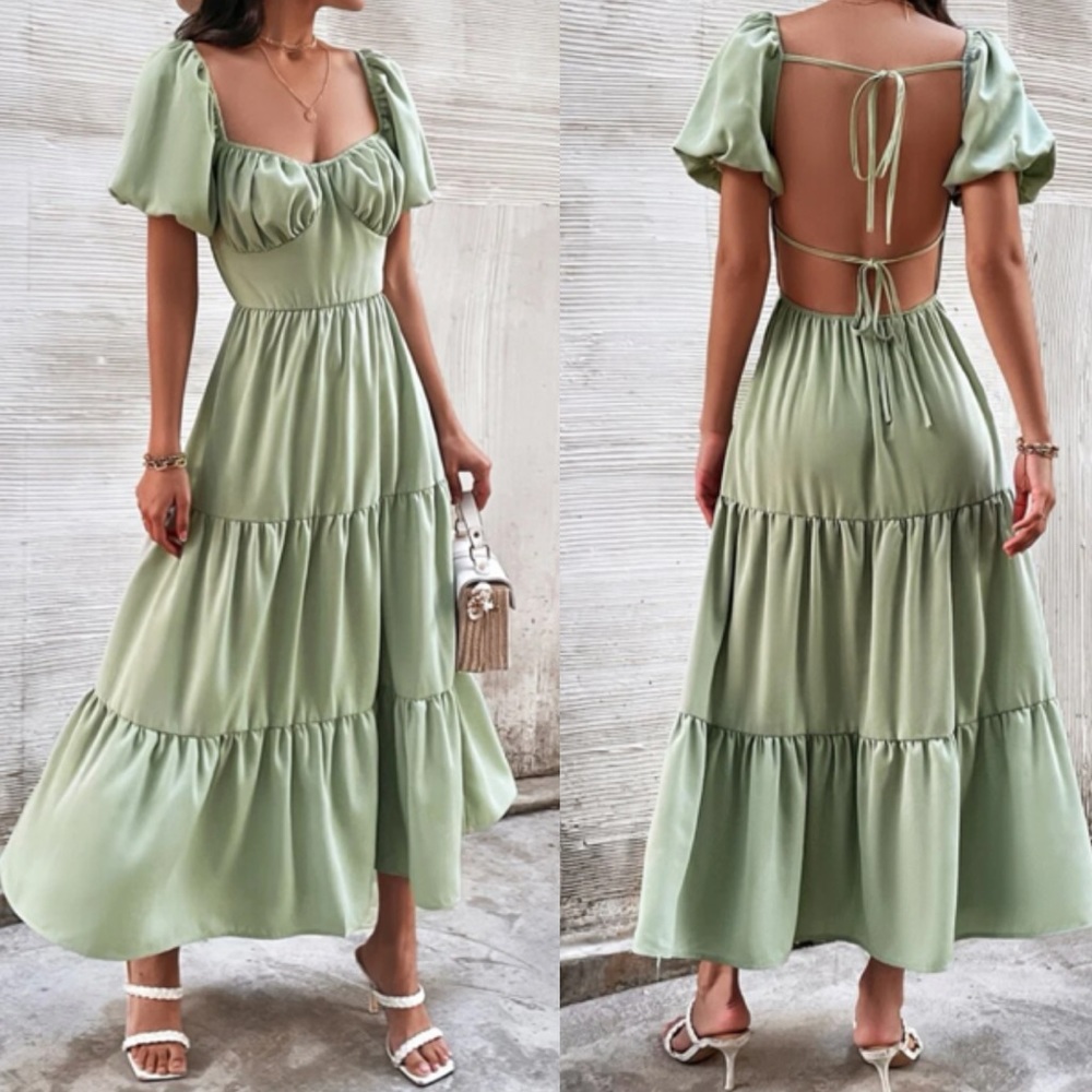 Puff sleeve sweetheart neck dress - Picture 1 of 4